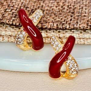 Anthropologie Elegant Red Burgundy and Gold CZ Crystal X Design Earrings